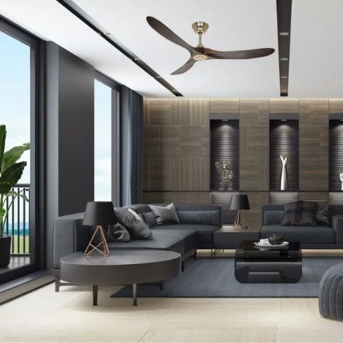 Ventilateur plafond design eco genuino dans un salon aux tonalités noirs